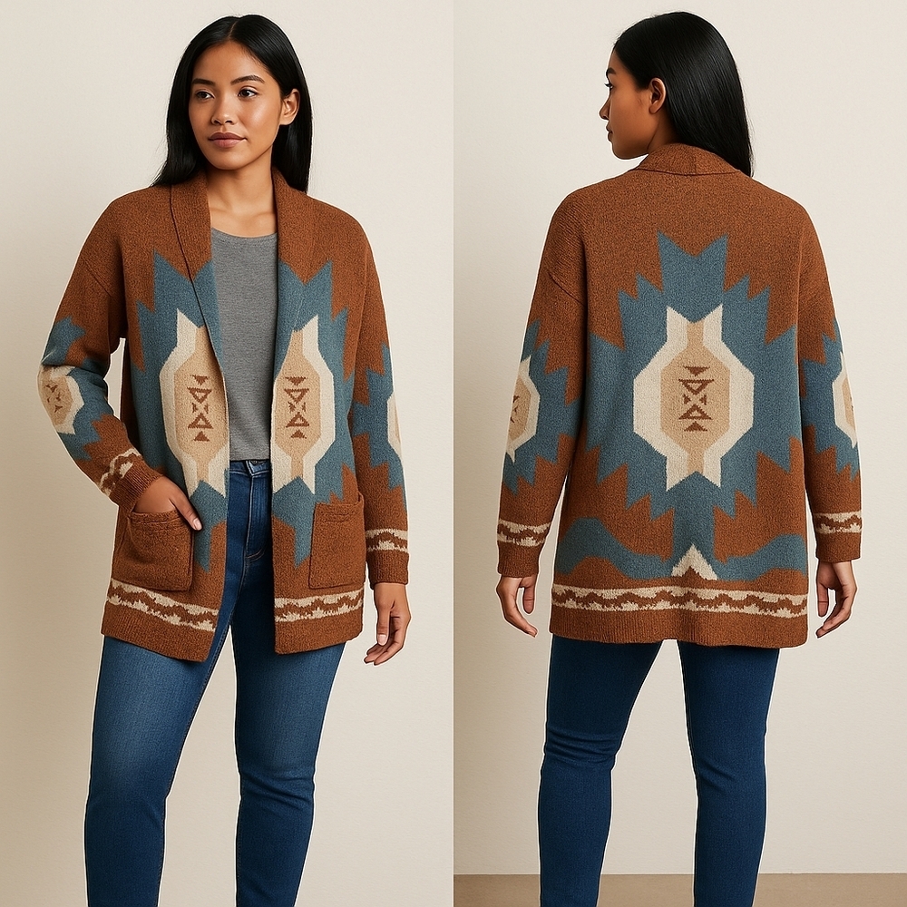 🤎 Forever 21 Aztec Print Open Front Cardigan | Size Large